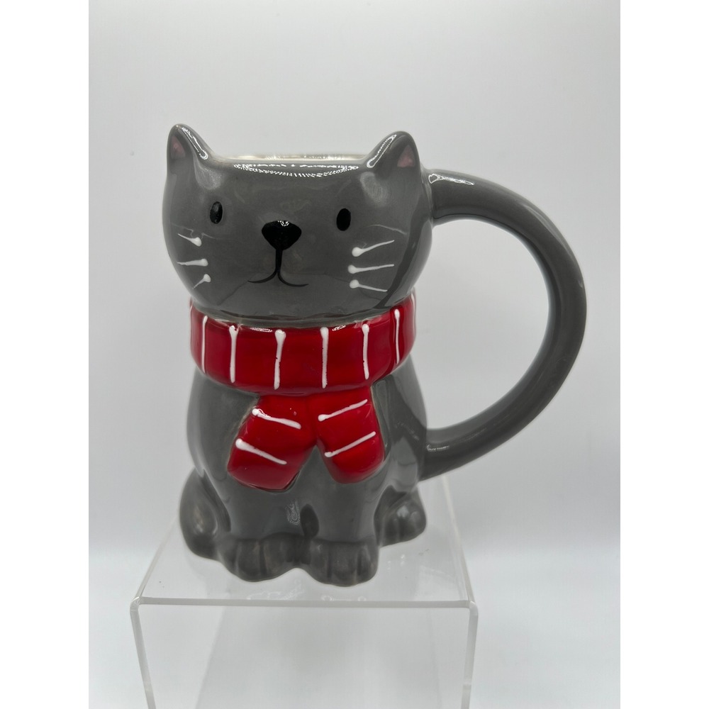 Wondershop Gray Cat Mug Red Scarf Christmas Holiday‎ Kitsch Cottagecore Gray Mug